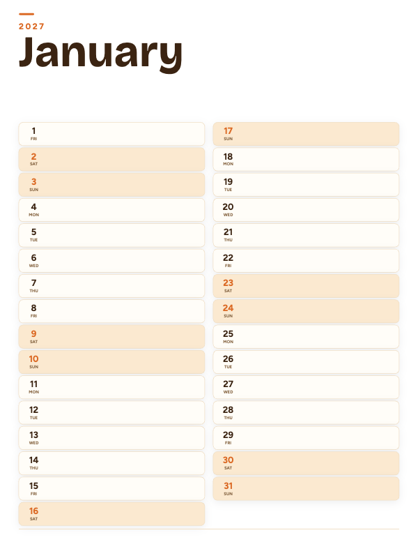 Sunrise List January 2027 printable calendar preview