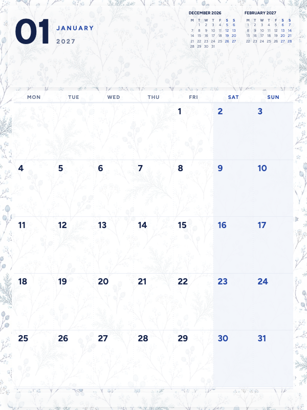 Winter Botanical January 2027 printable calendar preview