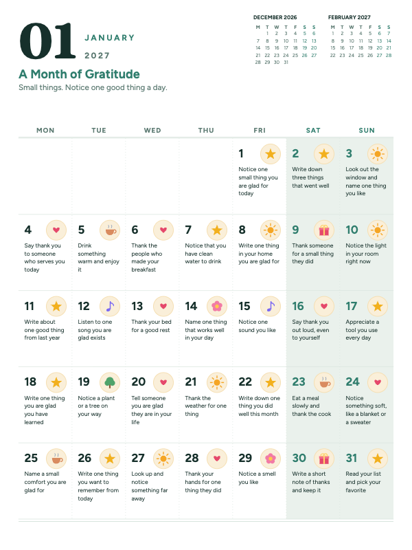 Gentle Gratitude January 2027 printable calendar preview