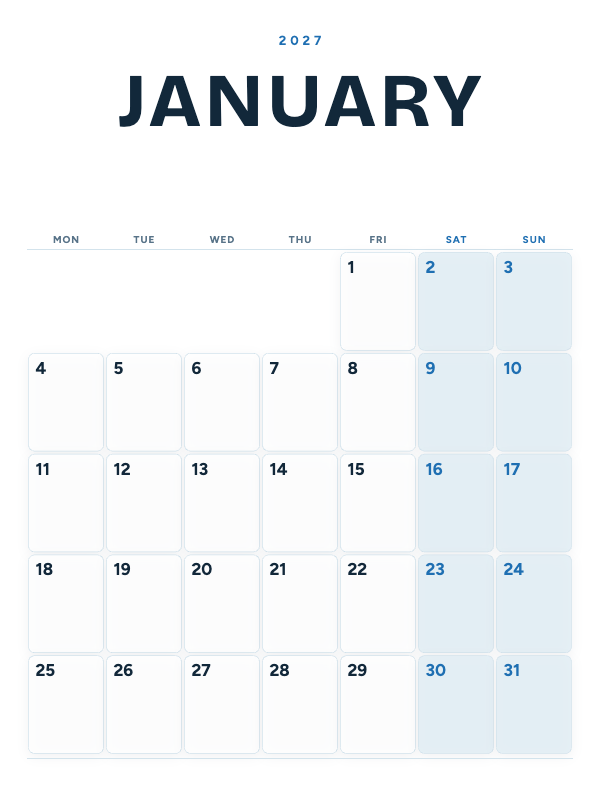 Ocean Poster January 2027 printable calendar preview