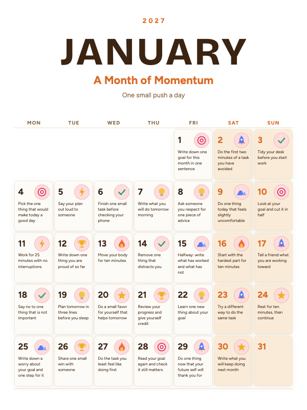 Daily Motivation January 2027 printable calendar preview
