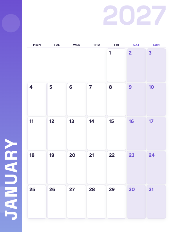 Lavender Side January 2027 printable calendar preview