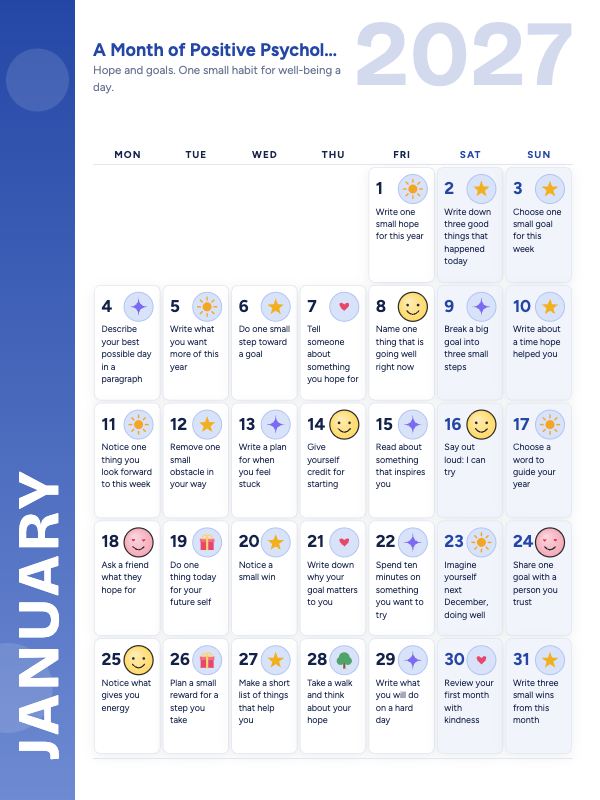 Little Wins January 2027 printable calendar preview