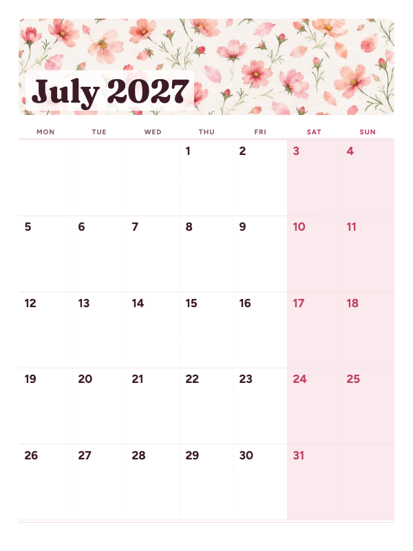 Blush Gallery July 2027 printable calendar preview