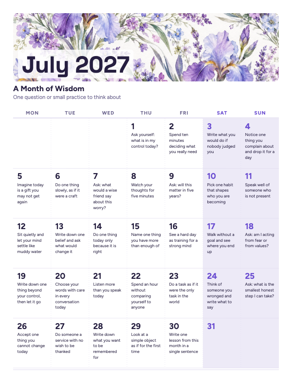 Thoughts to Keep July 2027 printable calendar preview