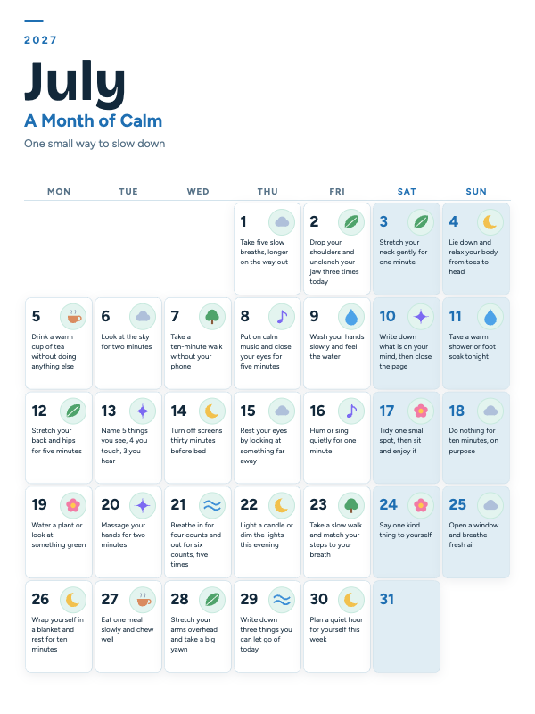 Calm Moments July 2027 printable calendar preview