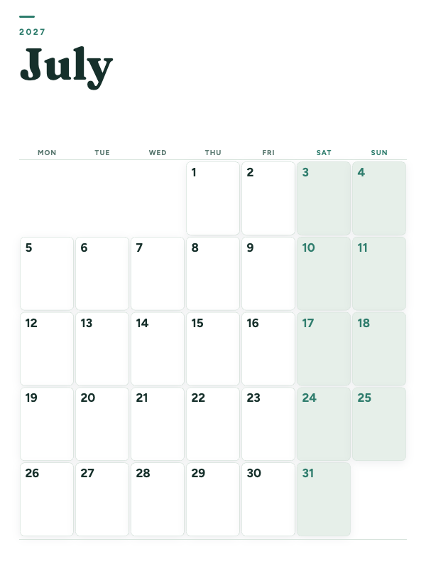 Sage Grid July 2027 printable calendar preview