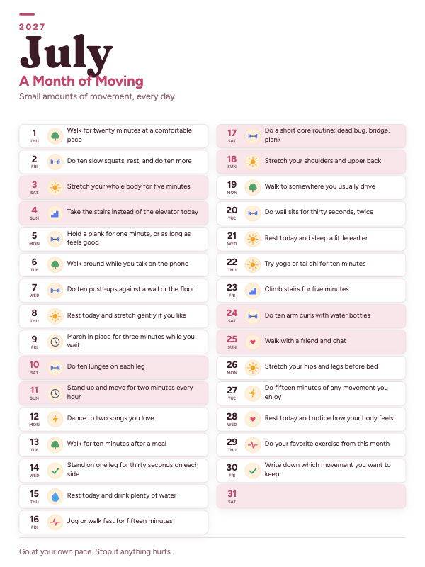 Movement Notes July 2027 printable calendar preview