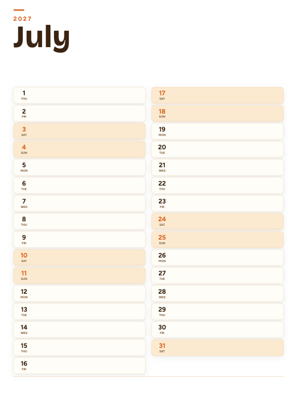 Sunrise List July 2027 printable calendar preview