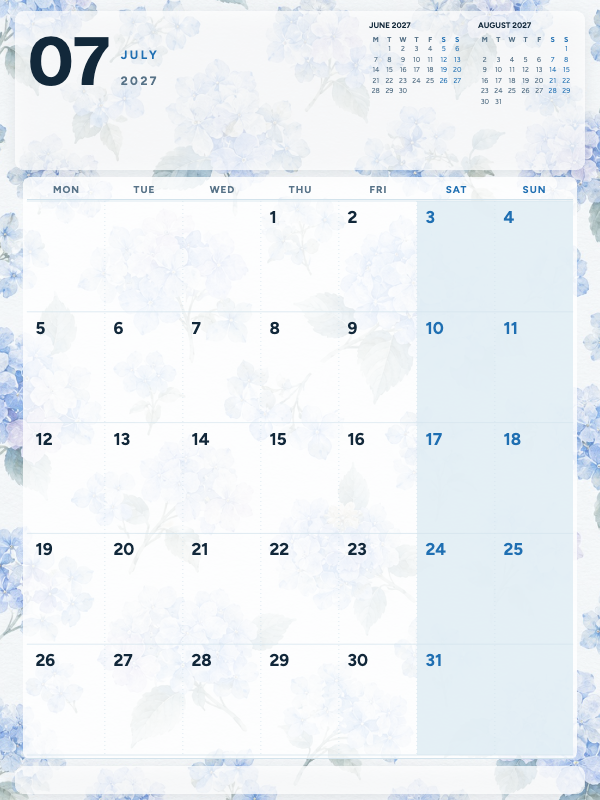 Hydrangea Watercolor July 2027 printable calendar preview