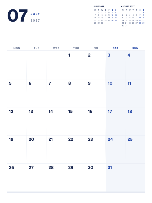 Quiet Planner July 2027 printable calendar preview