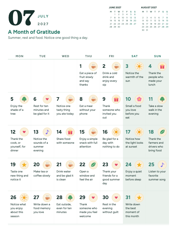 Gentle Gratitude July 2027 printable calendar preview