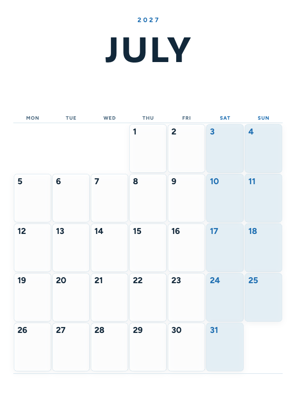 Ocean Poster July 2027 printable calendar preview