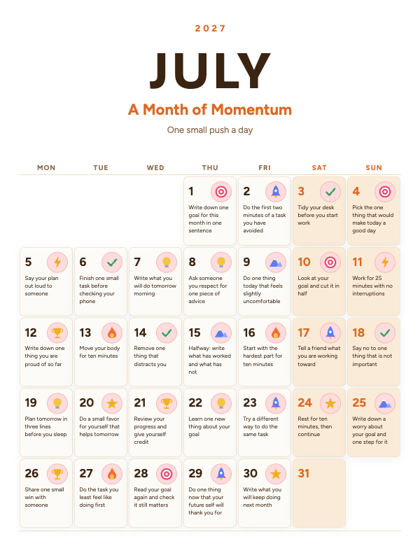 Daily Motivation July 2027 printable calendar preview