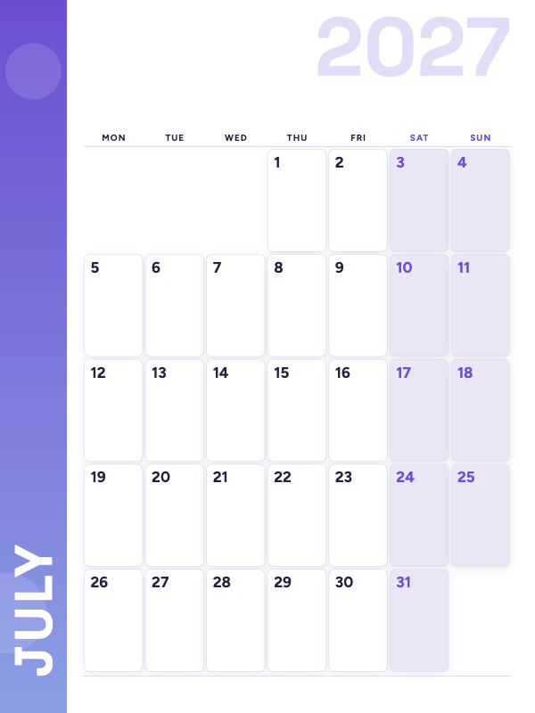 Lavender Side July 2027 printable calendar preview