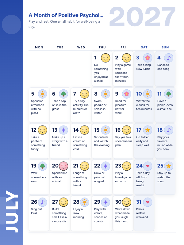 Little Wins July 2027 printable calendar preview