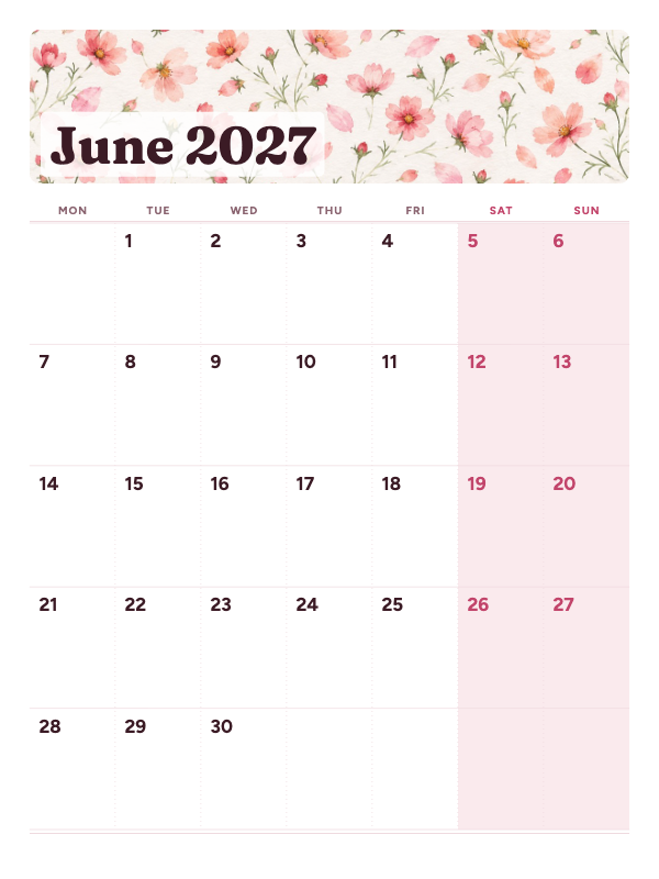 Blush Gallery June 2027 printable calendar preview