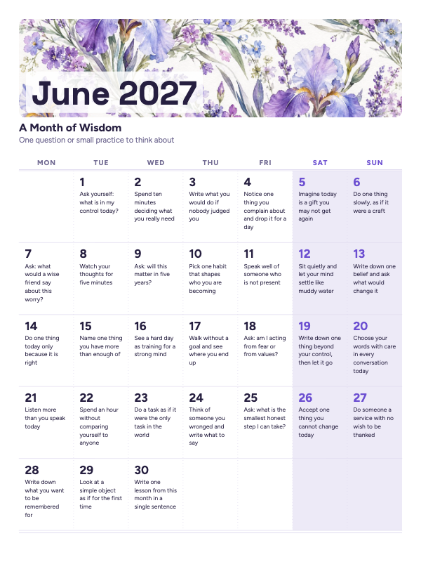 Thoughts to Keep June 2027 printable calendar preview