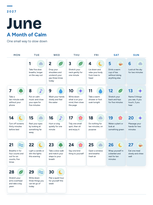 Calm Moments June 2027 printable calendar preview