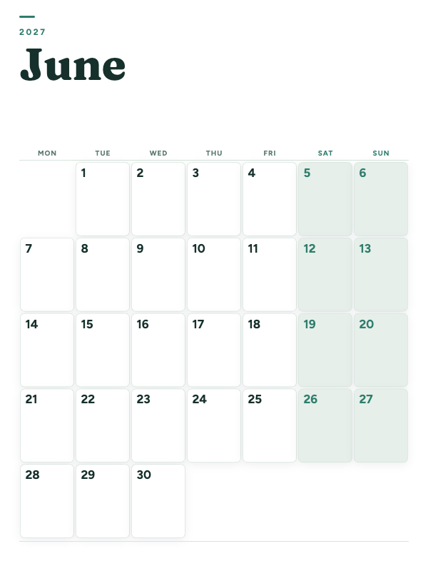 Sage Grid June 2027 printable calendar preview