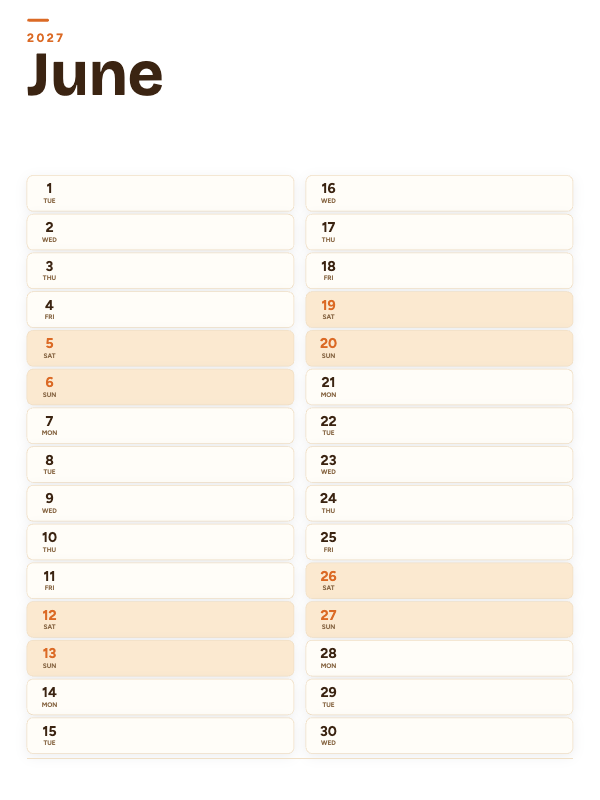 Sunrise List June 2027 printable calendar preview