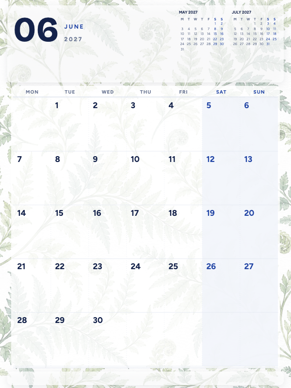 Fern Watercolor June 2027 printable calendar preview