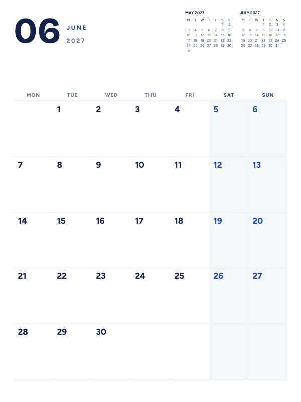 Quiet Planner June 2027 printable calendar preview