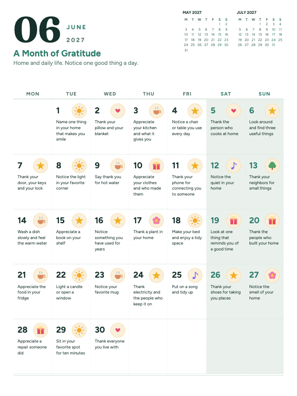 Gentle Gratitude June 2027 printable calendar preview