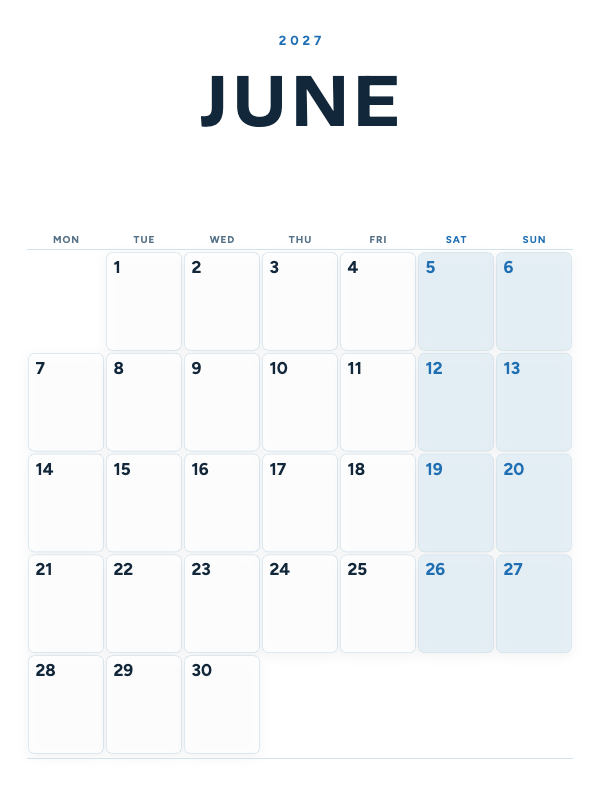 Ocean Poster June 2027 printable calendar preview