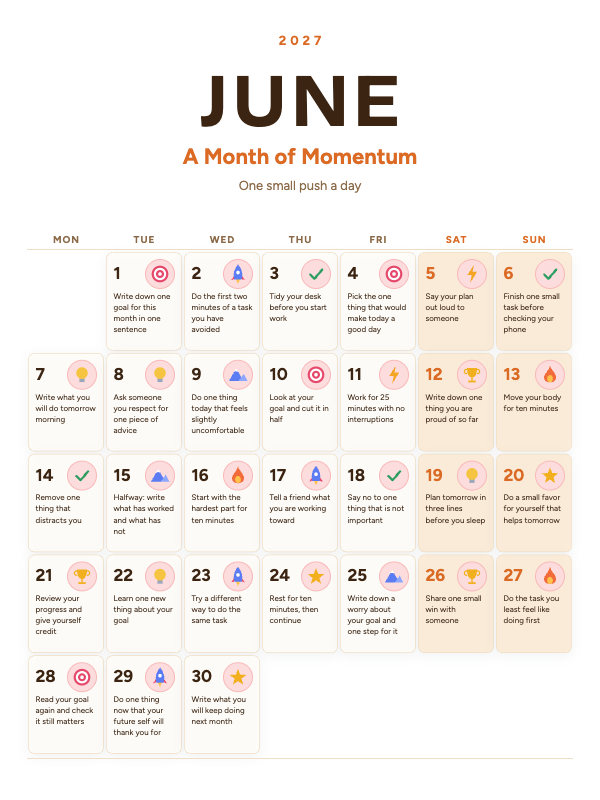 Daily Motivation June 2027 printable calendar preview