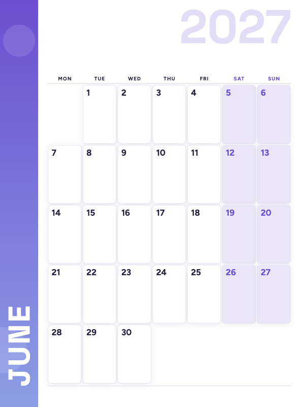Lavender Side June 2027 printable calendar preview
