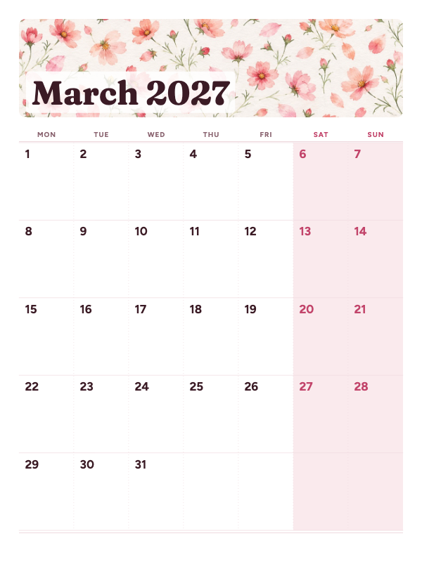 Blush Gallery March 2027 printable calendar preview