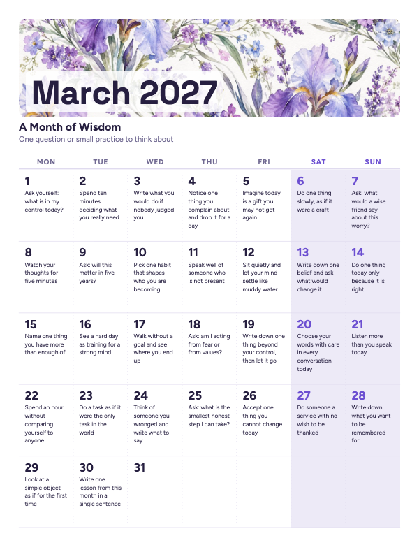 Thoughts to Keep March 2027 printable calendar preview