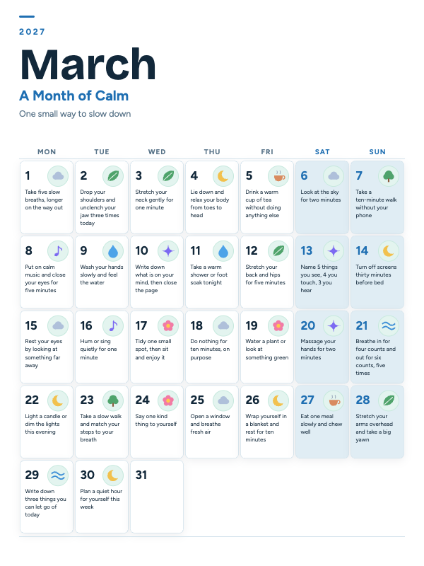Calm Moments March 2027 printable calendar preview