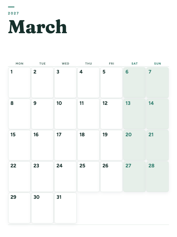 Sage Grid March 2027 printable calendar preview