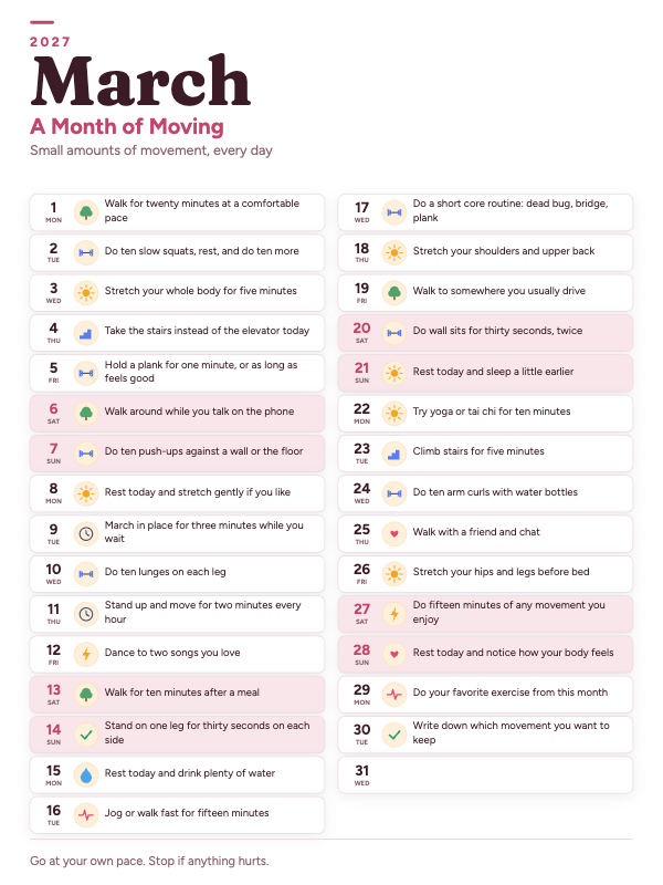 Movement Notes March 2027 printable calendar preview