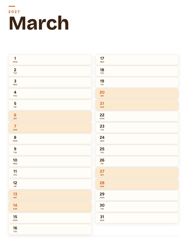 Sunrise List March 2027 printable calendar preview