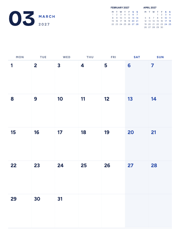 Quiet Planner March 2027 printable calendar preview