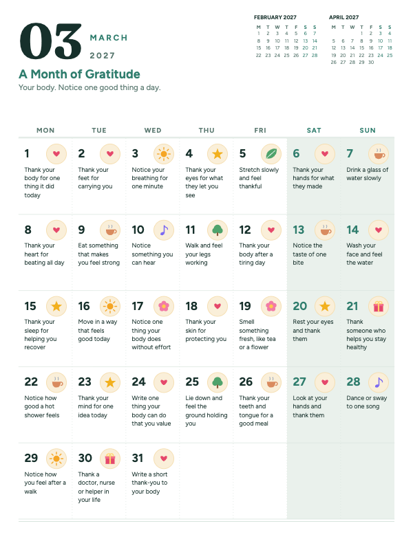 Gentle Gratitude March 2027 printable calendar preview