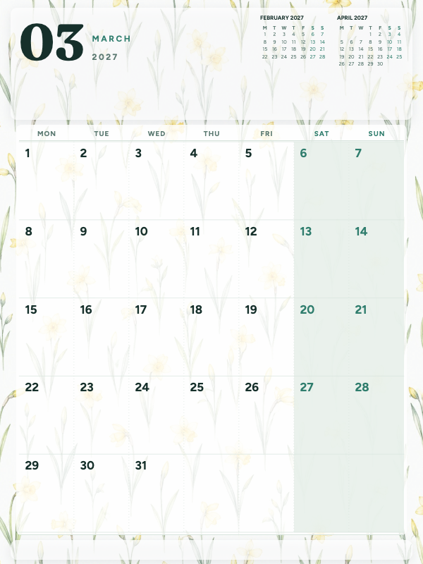 Daffodil Watercolor March 2027 printable calendar preview