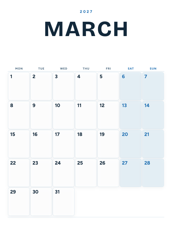 Ocean Poster March 2027 printable calendar preview