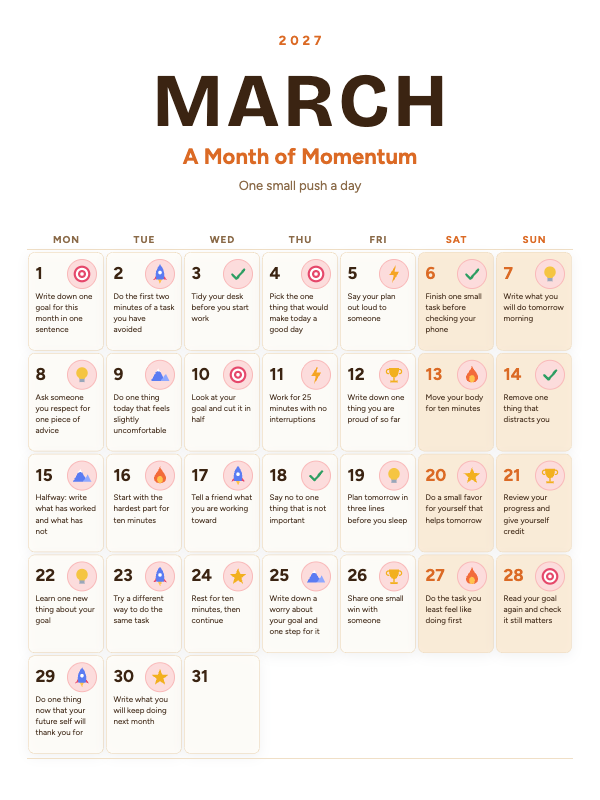 Daily Motivation March 2027 printable calendar preview