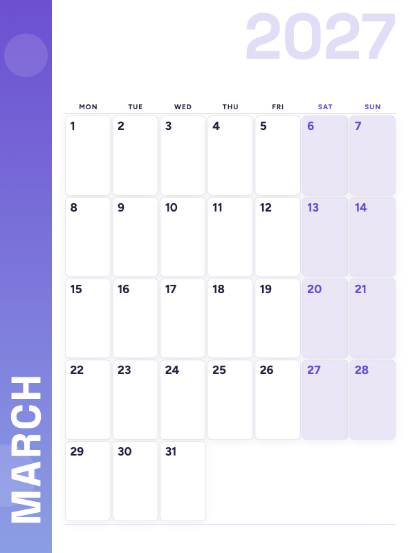 Lavender Side March 2027 printable calendar preview