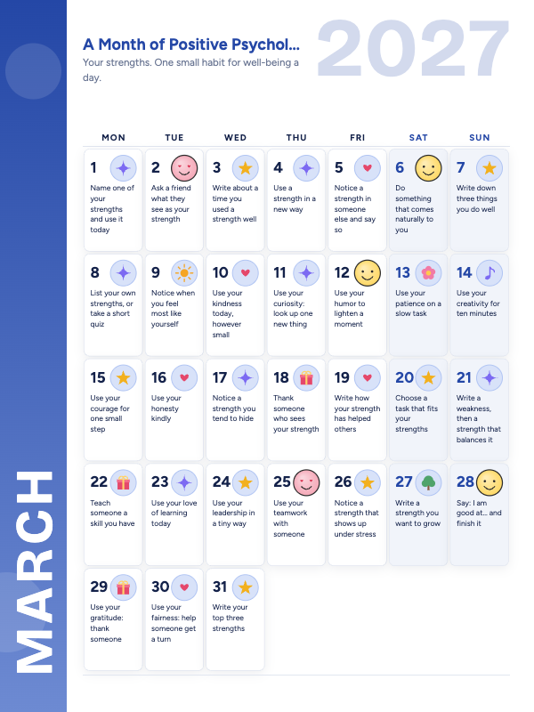 Little Wins March 2027 printable calendar preview