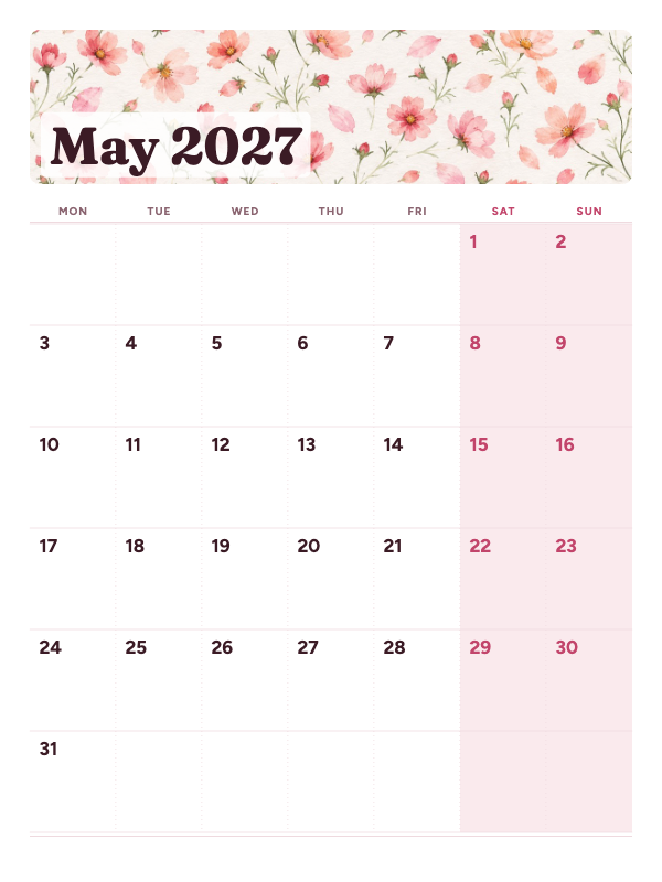Blush Gallery May 2027 printable calendar preview