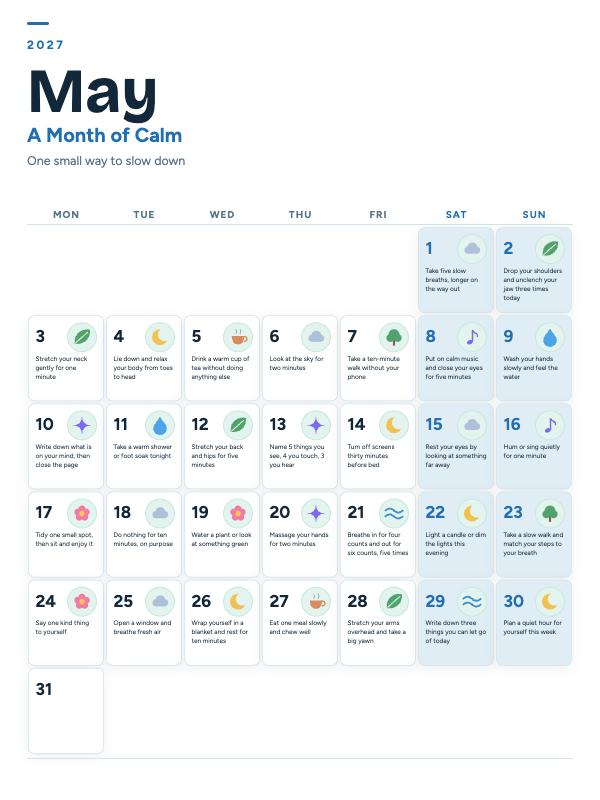Calm Moments May 2027 printable calendar preview
