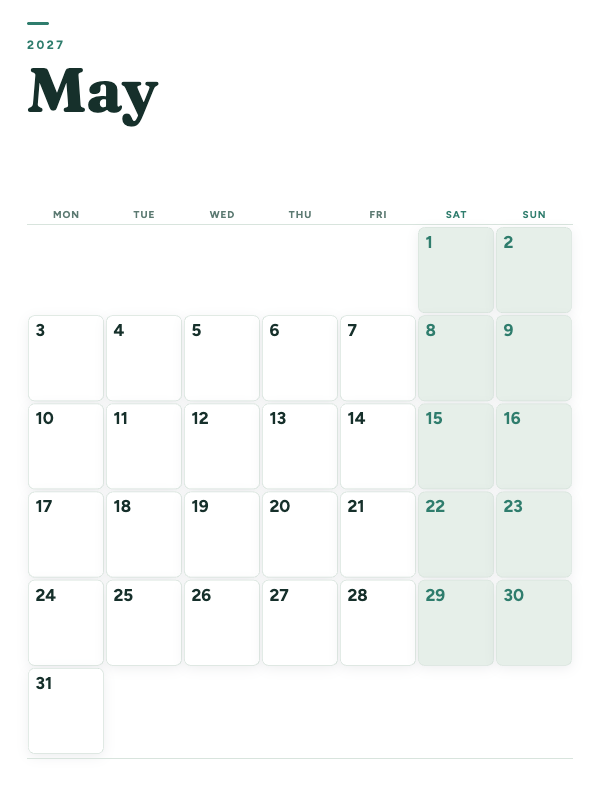 Sage Grid May 2027 printable calendar preview