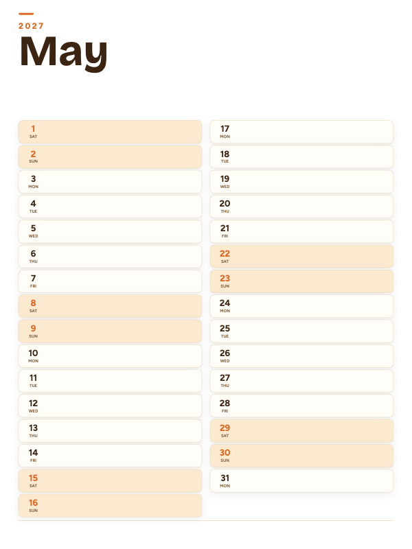 Sunrise List May 2027 printable calendar preview