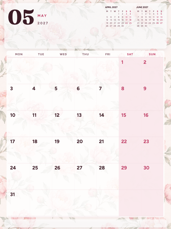 Peony Watercolor May 2027 printable calendar preview