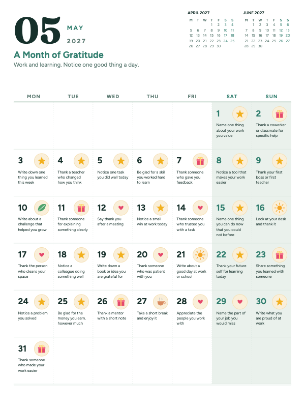 Gentle Gratitude May 2027 printable calendar preview